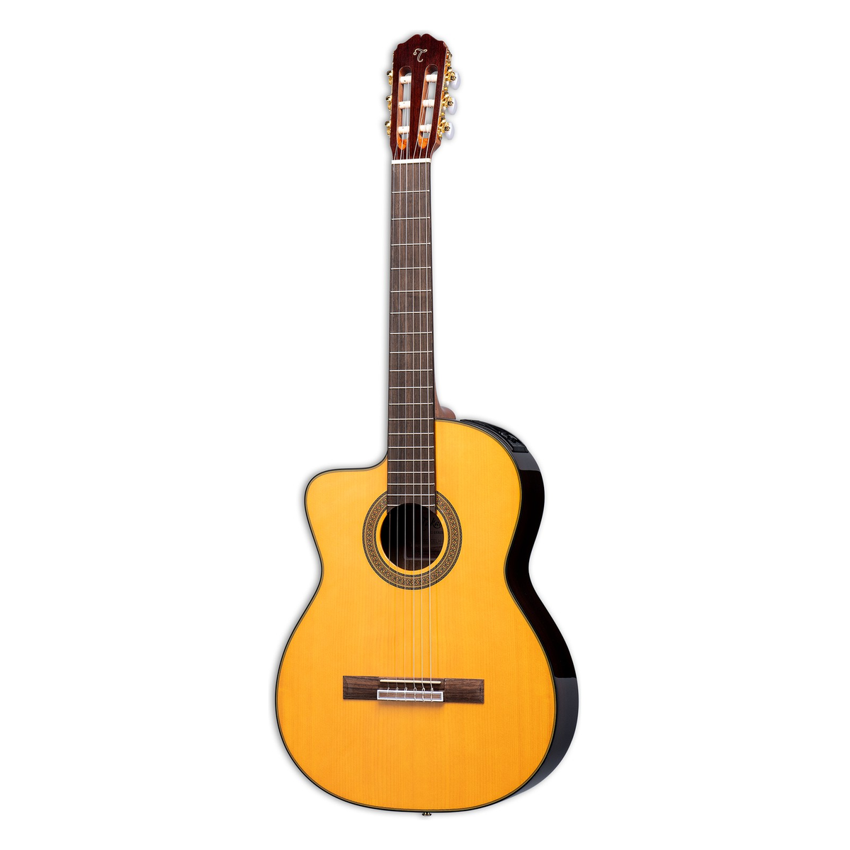 Takamine GC5CE left-handed classical cutaway acoustic-electric guitar with a natural spruce top, mosaic rosette, standing upright.