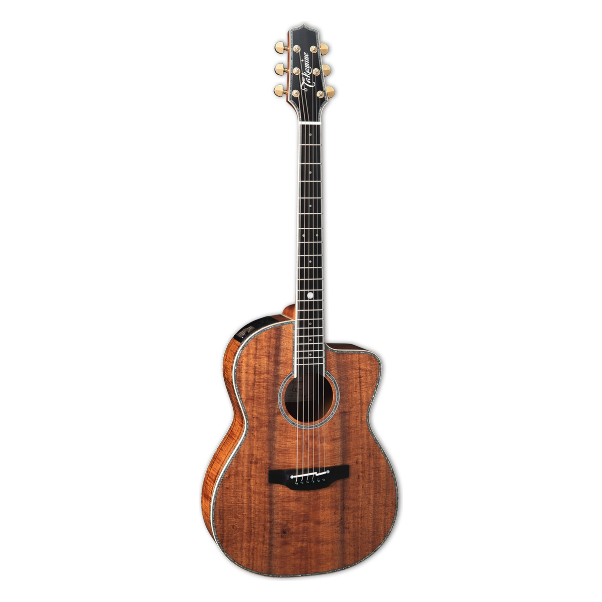 Takamine THE 60TH concert cutaway acoustic-electric guitar in highly figured solid Hawaiian koa with gold tuners, standing upright.