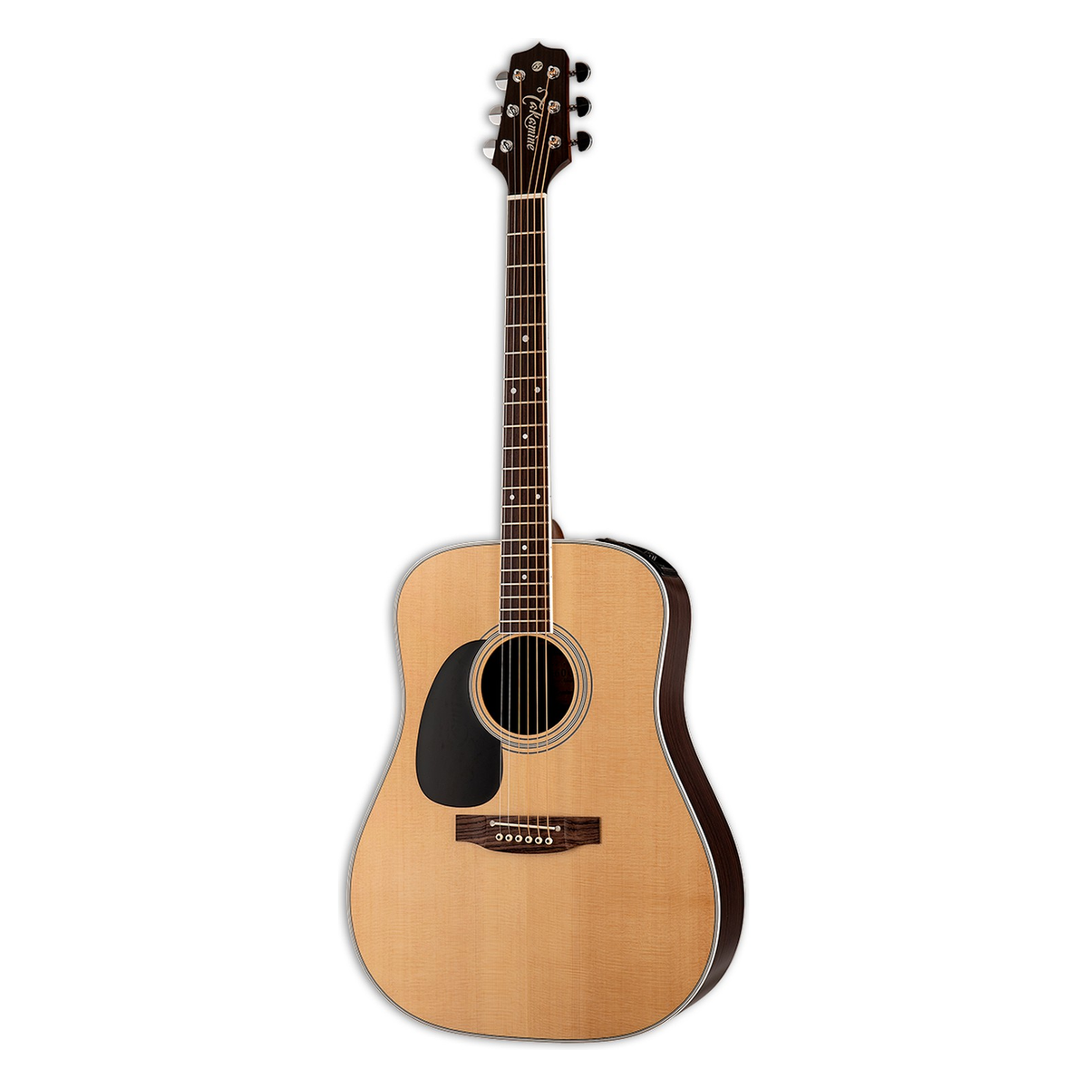 Takamine EF360GF left-handed dreadnought acoustic-electric guitar with a natural spruce top, standing upright.