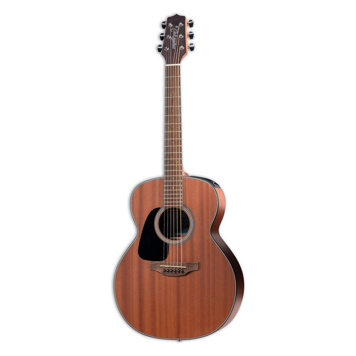 Takamine GX11ME left-handed TakaMini acoustic-electric guitar in natural satin sapele, standing upright.