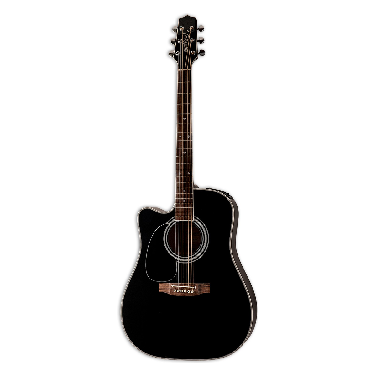 Takamine EF341SC left-handed dreadnought cutaway acoustic-electric guitar in gloss black, standing upright.