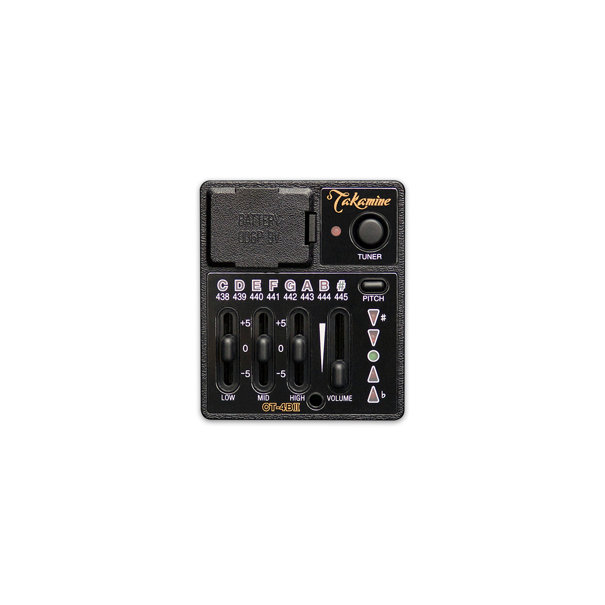 Takamine CT4B II preamp panel with a tuner display and EQ and volume sliders.
