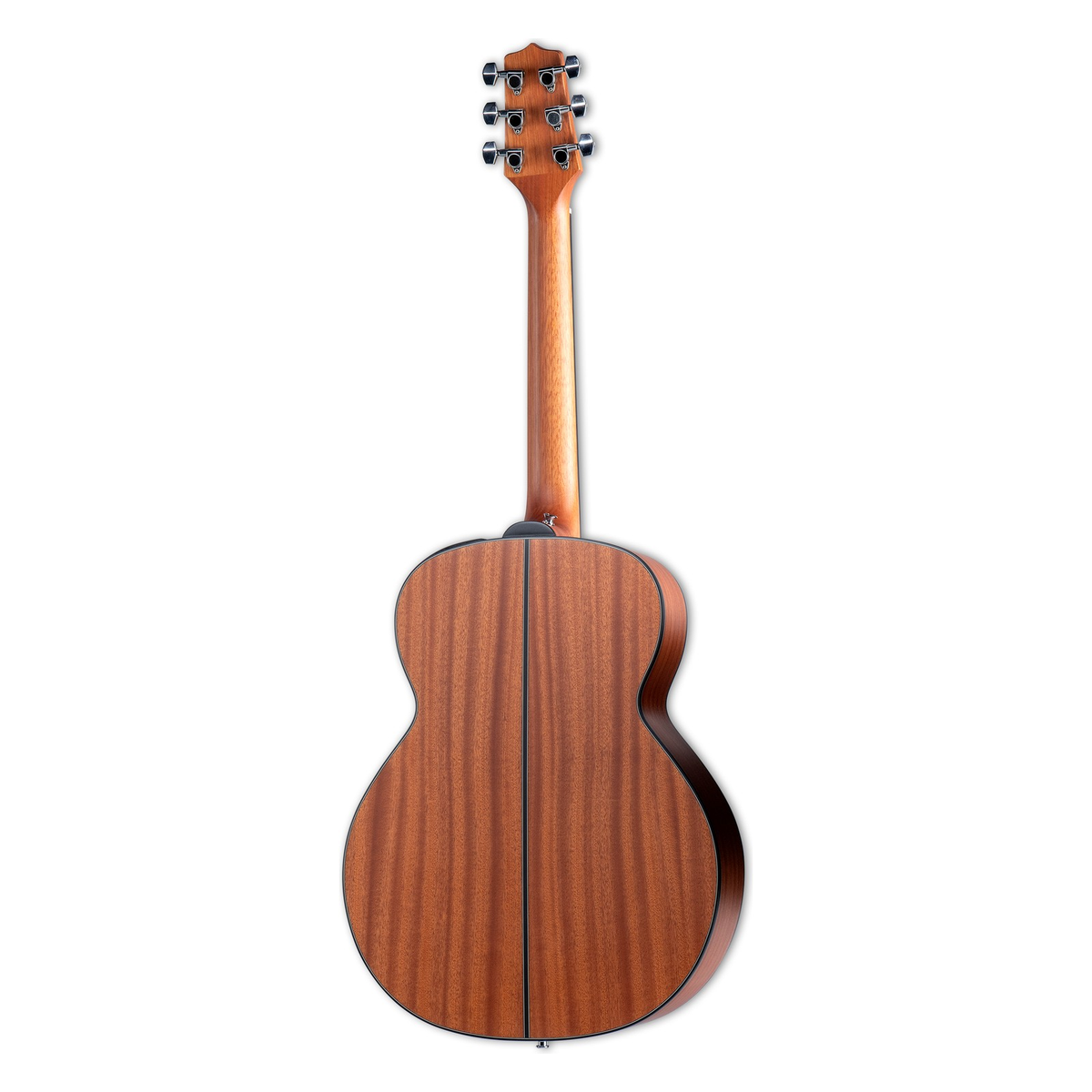 Back of the Takamine GX11ME left-handed guitar in sapele with a dark center seam.