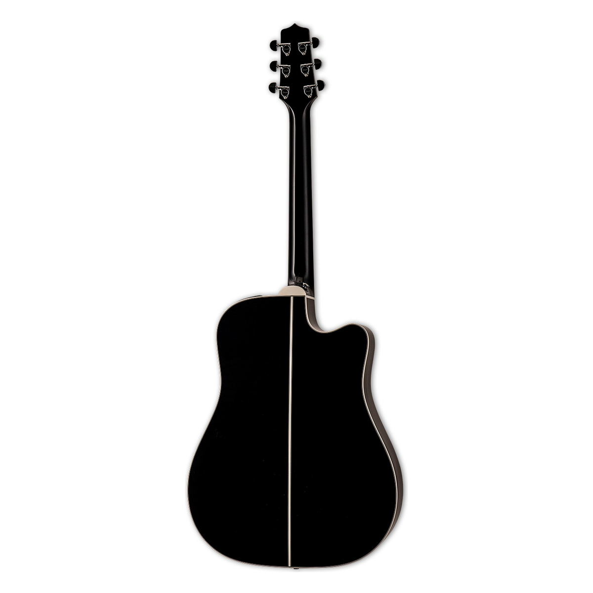 Back of the Takamine EF341SC left-handed guitar in gloss black with white binding and a white center stripe.