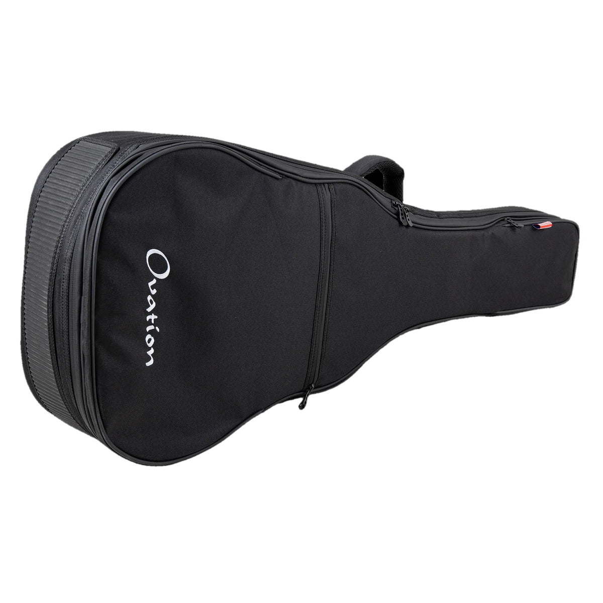 Ovation mid-depth gig bag OV213200, angled view with Ovation logo on the lower bout