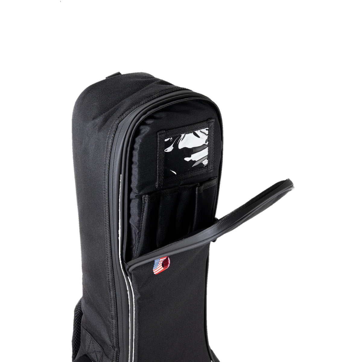 Ovation mid-depth gig bag OV213200, front pocket opened, with ID card window