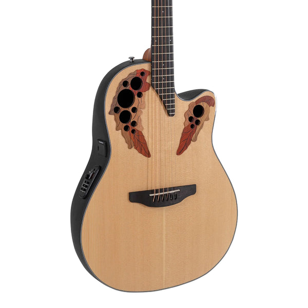 Body front of the Ovation CE44-4 Natural acoustic-electric guitar: natural spruce top, multi-soundhole epaulettes, bridge and some fretboard