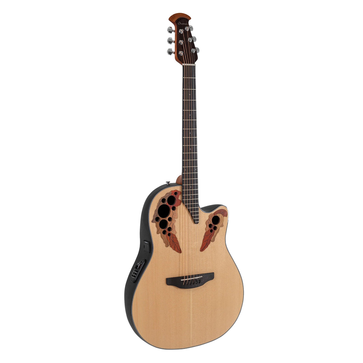 Full front view of the Ovation CE44-4 Natural acoustic-electric guitar, headstock up