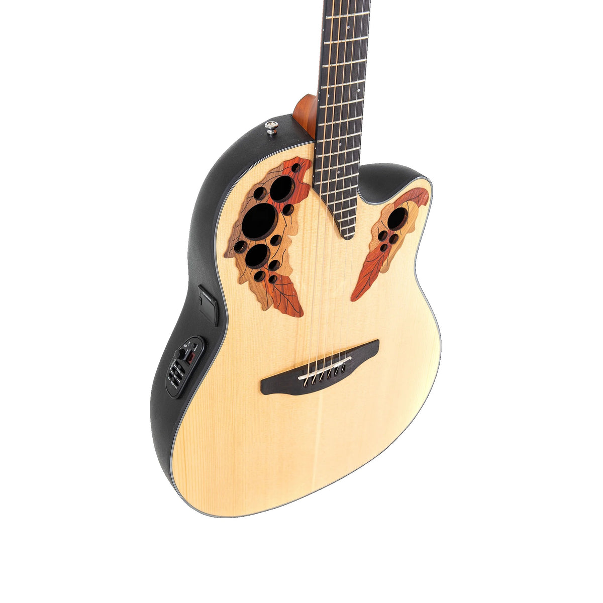 Angled view of the Ovation CE44-4 Natural acoustic-electric guitar top with cutaway and epaulettes