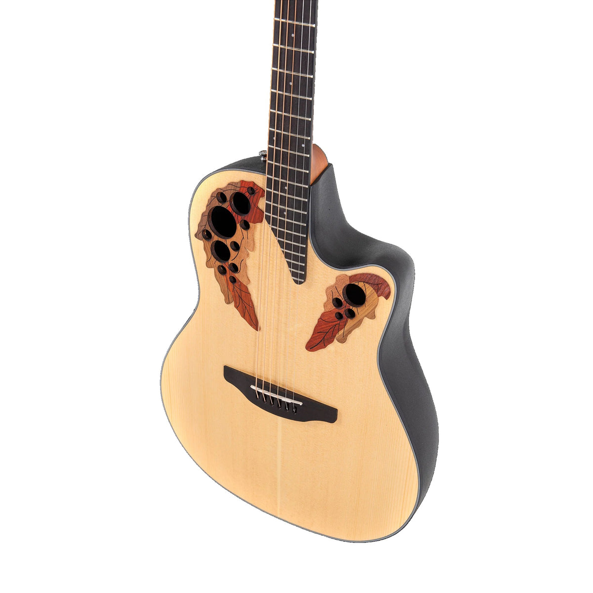 Front angle of the Ovation CE44-4 Natural acoustic-electric guitar body, cutaway and bridge