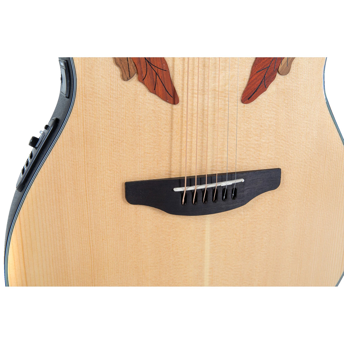 Close-up of the Ovation CE44-4 Natural acoustic-electric guitar bridge and strings