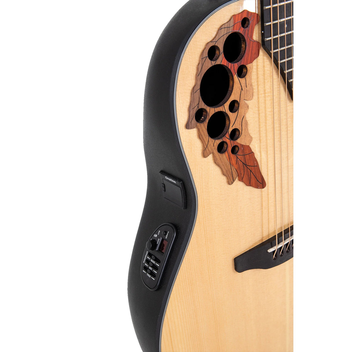 Close-up of the Ovation CE44-4 Natural acoustic-electric guitar side-mounted preamp controls