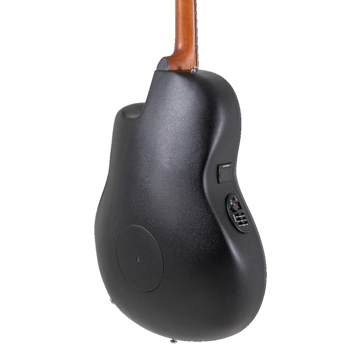 Body back of the Ovation CE44-5 Black acoustic-electric guitar: black Lyrachord roundback bowl and the base of the neck