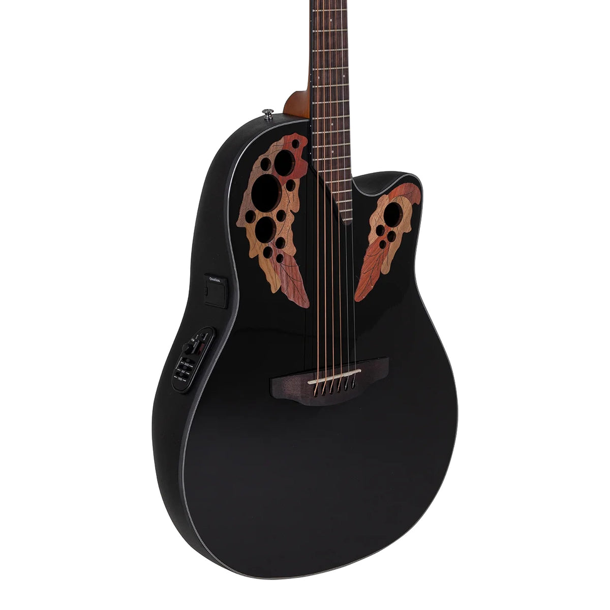 Body front of the Ovation CE44-5 Black acoustic-electric guitar: black top, multi-soundhole epaulettes, bridge and some fretboard