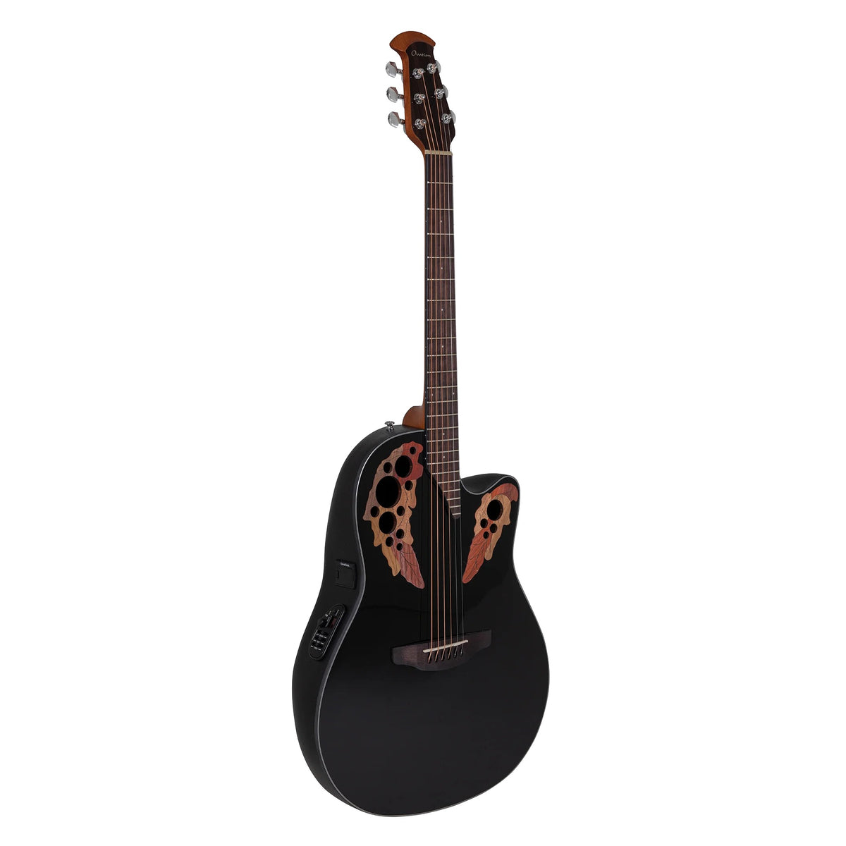 Full front view of the Ovation CE44-5 Black acoustic-electric guitar, headstock up