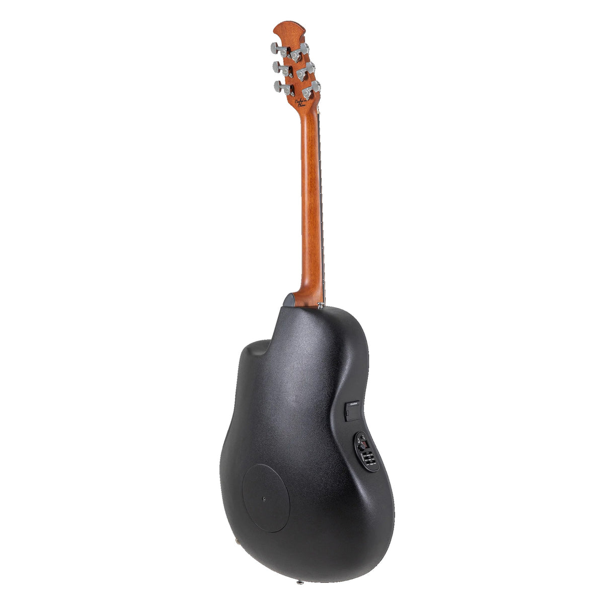 Full back view of the Ovation CE44-5 Black acoustic-electric guitar, showing the roundback bowl and neck