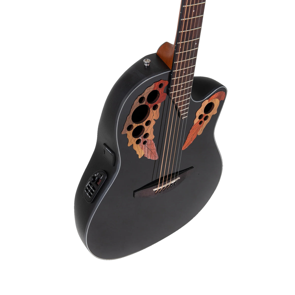 Angled view of the Ovation CE44-5 Black acoustic-electric guitar top with cutaway and epaulettes