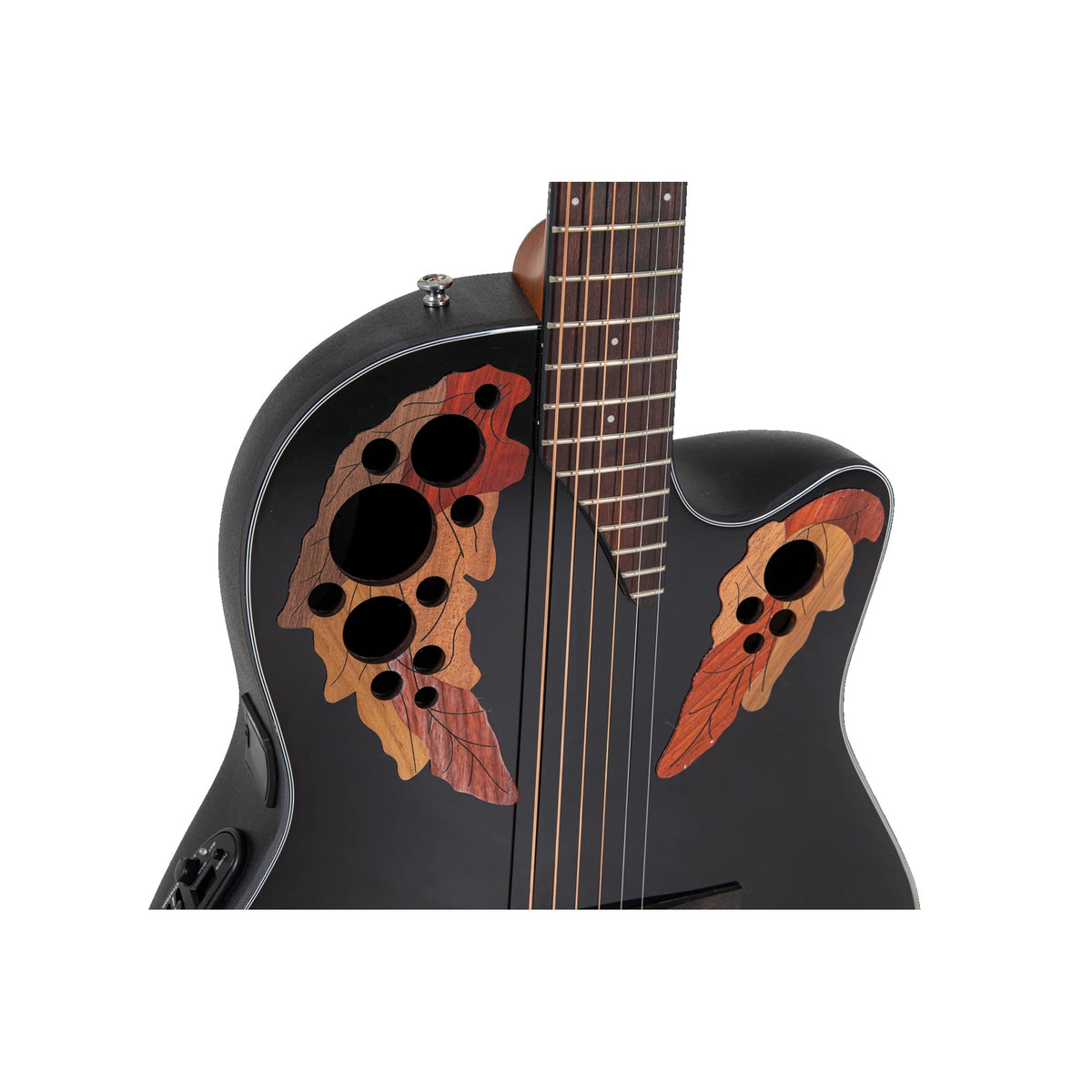 Close-up of the Ovation CE44-5 Black acoustic-electric guitar upper bout: wood epaulette soundholes and cutaway