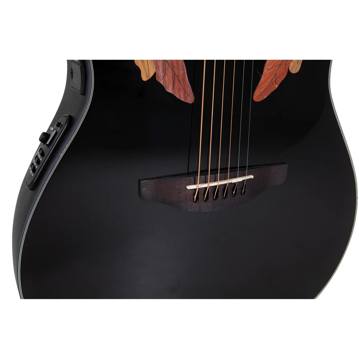 Close-up of the Ovation CE44-5 Black acoustic-electric guitar bridge and strings