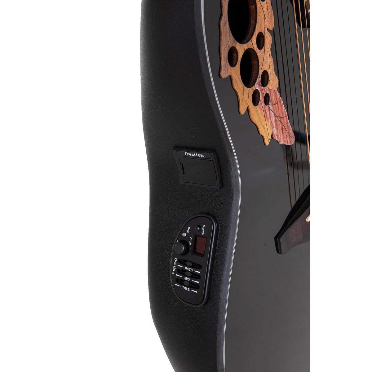 Close-up of the Ovation CE44-5 Black acoustic-electric guitar side-mounted preamp controls