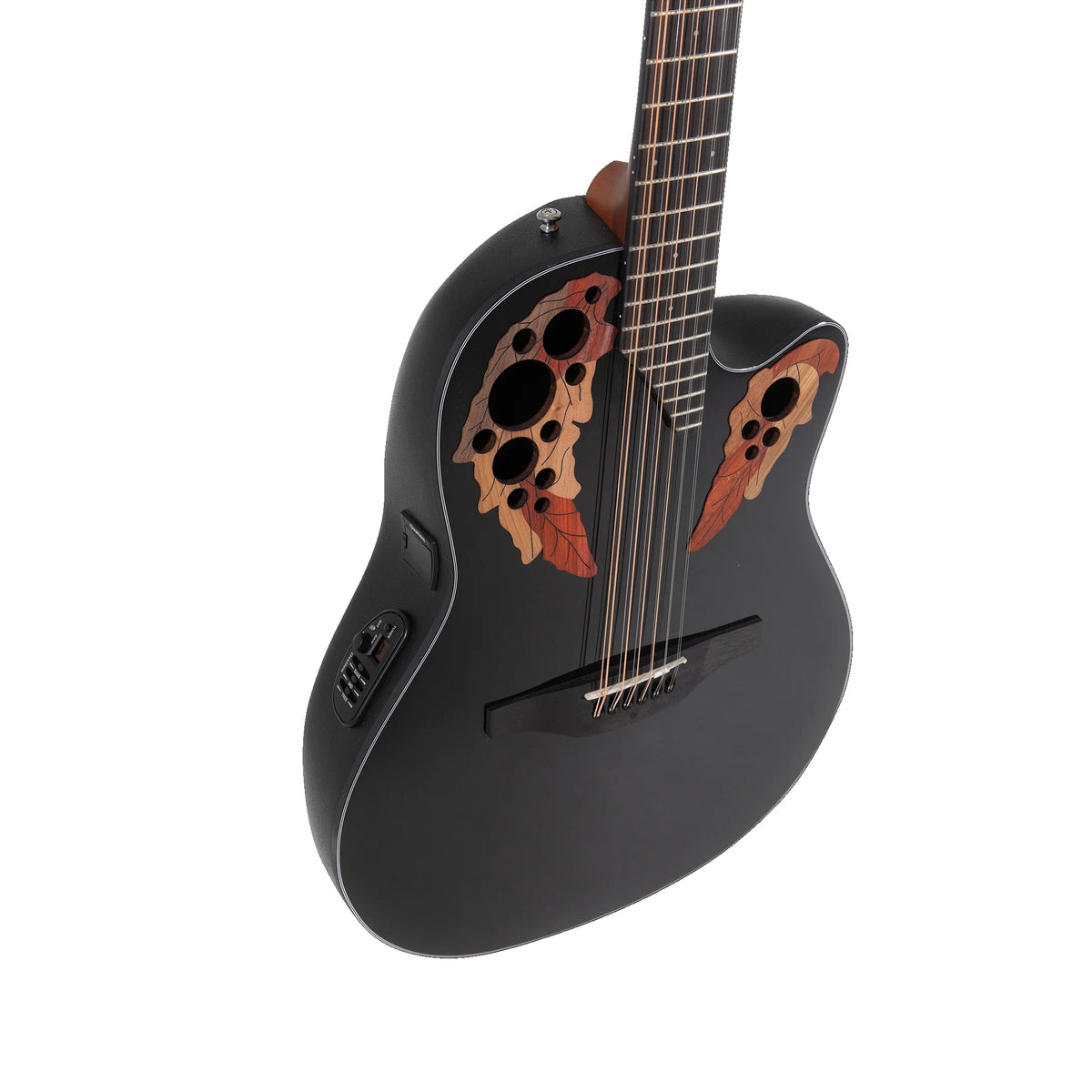 Angled view of the Ovation CE4412-5 black top, cutaway and soundhole epaulettes