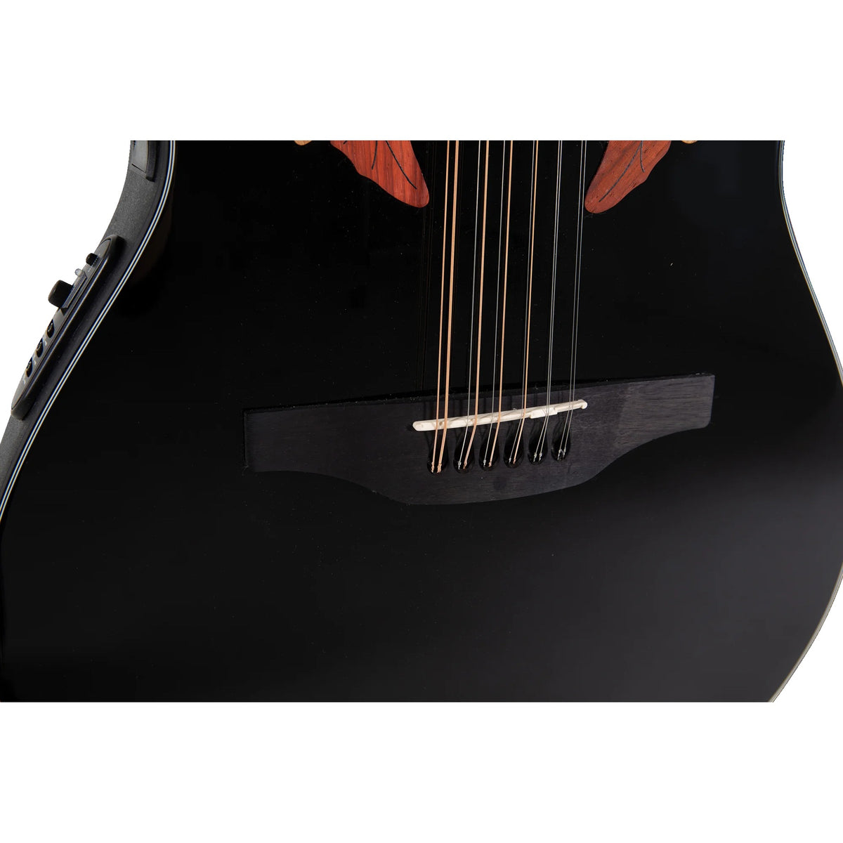 Close-up of the Ovation CE4412-5 ovangkol 12-string bridge