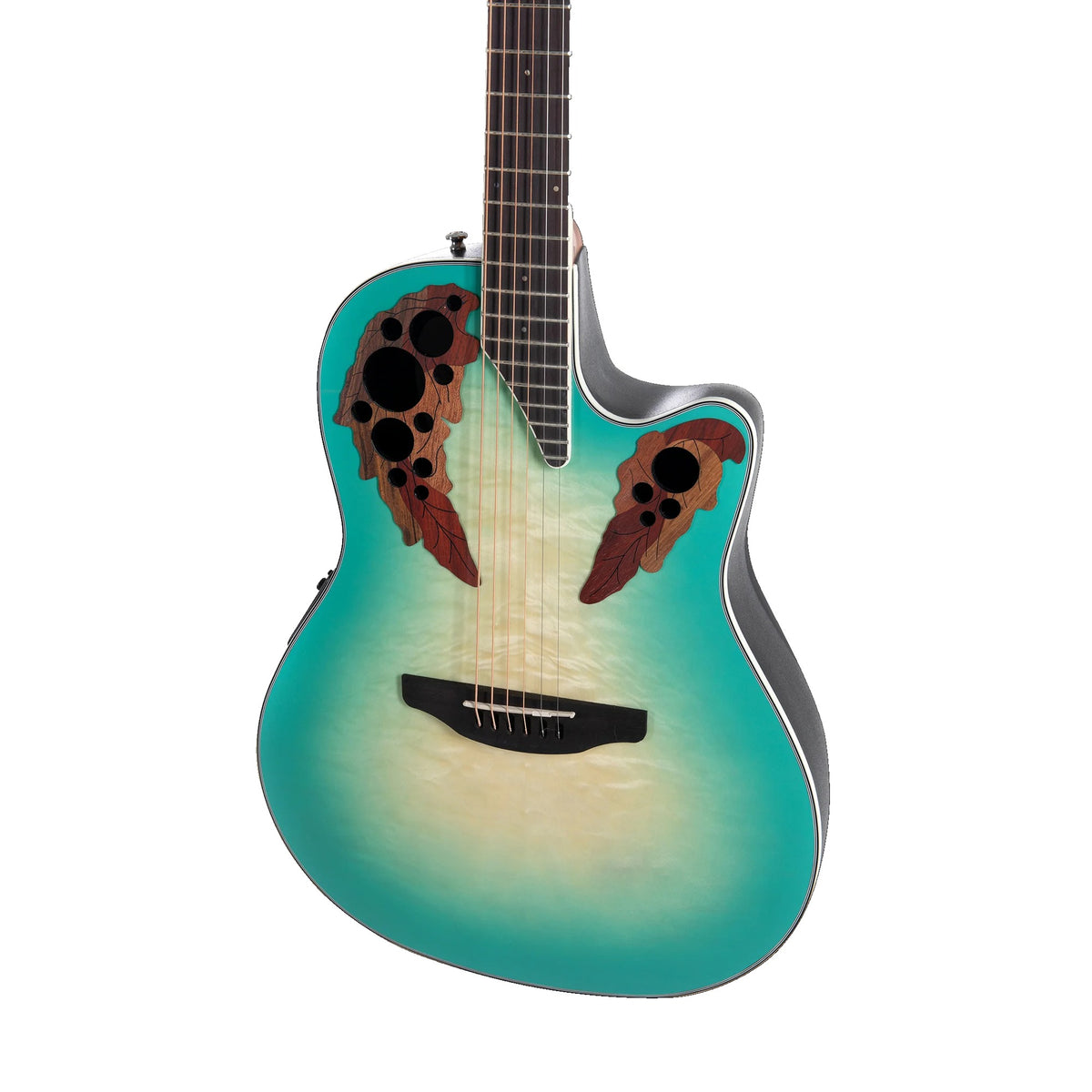 Ovation CE44X-9B Mintburst quilted maple top with multi-soundhole epaulettes and fretboard, front view