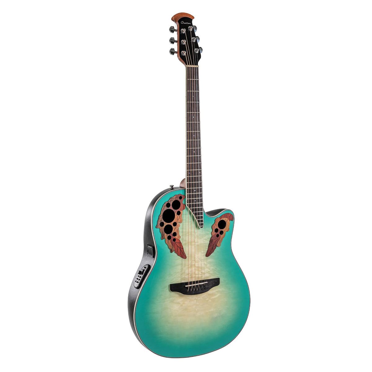 Full front of the Ovation CE44X-9B Celebrity Elite Plus in Mintburst to Natural with cutaway