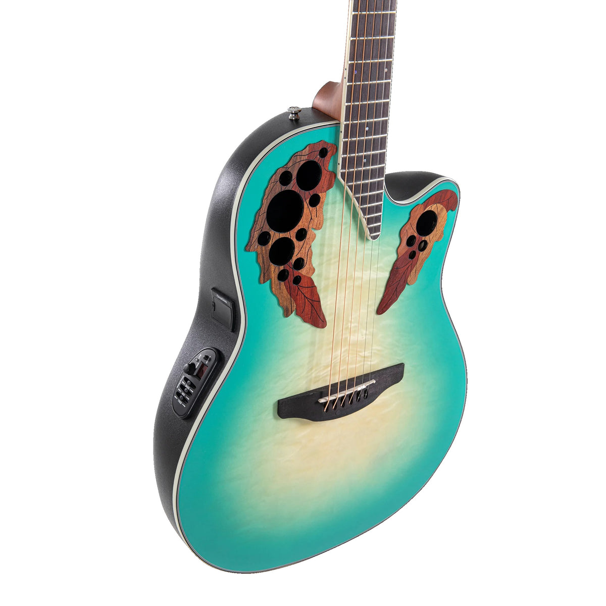 Angled view of the Ovation CE44X-9B Mintburst quilted maple top and abalone binding