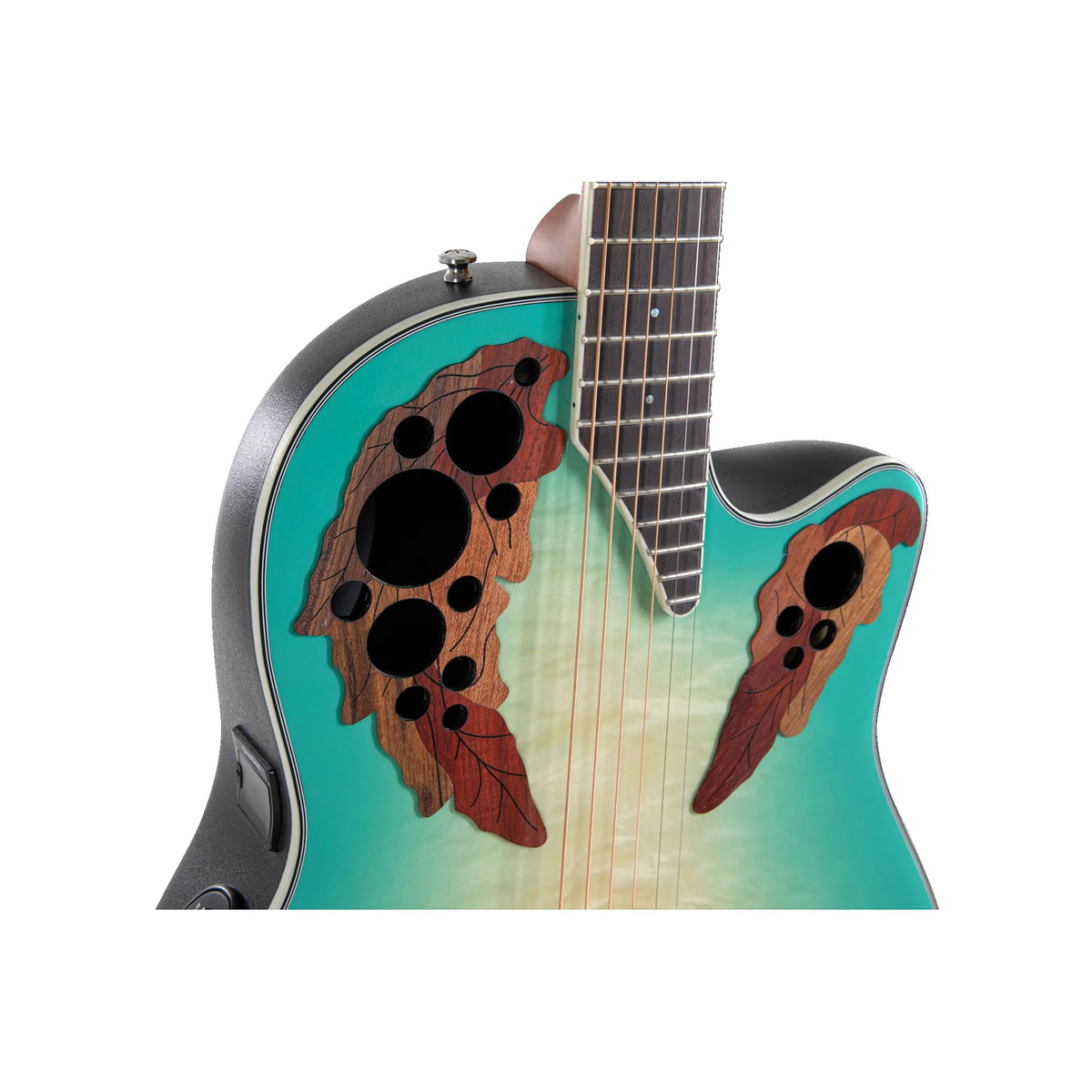 Close-up of the Ovation CE44X-9B multi-soundhole wood epaulettes on the Mintburst top