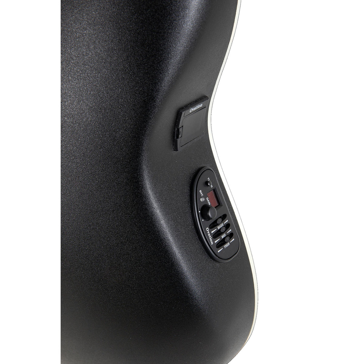 Side of the Ovation CE44X-9B bowl showing the preamp and controls