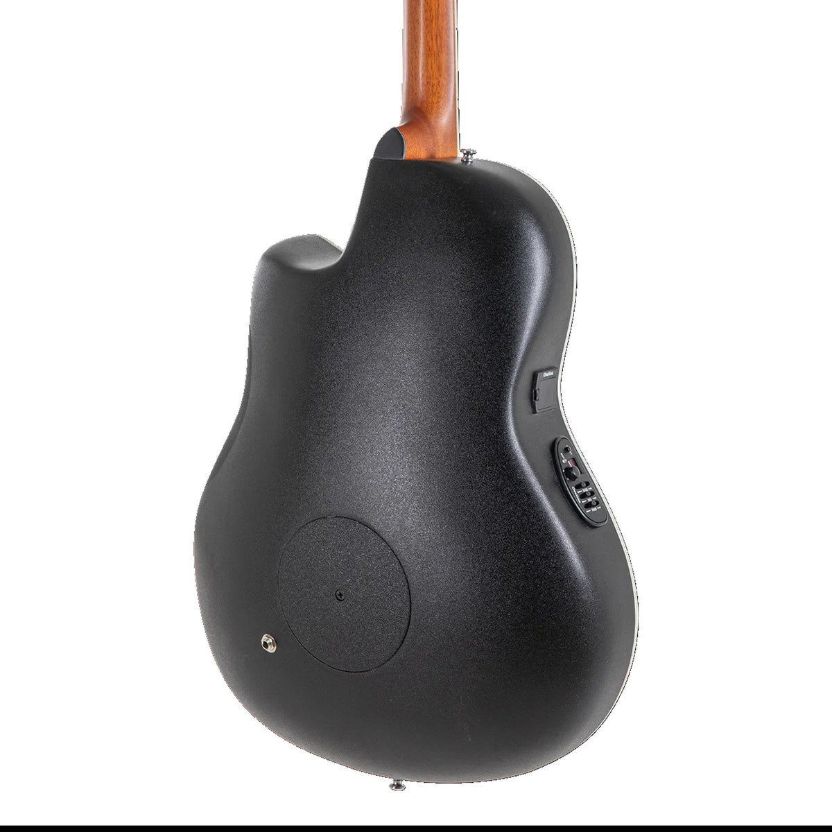 Body back of the Ovation CE44X-9B Mintburst: black mid-depth Lyrachord roundback bowl, preamp and nato neck