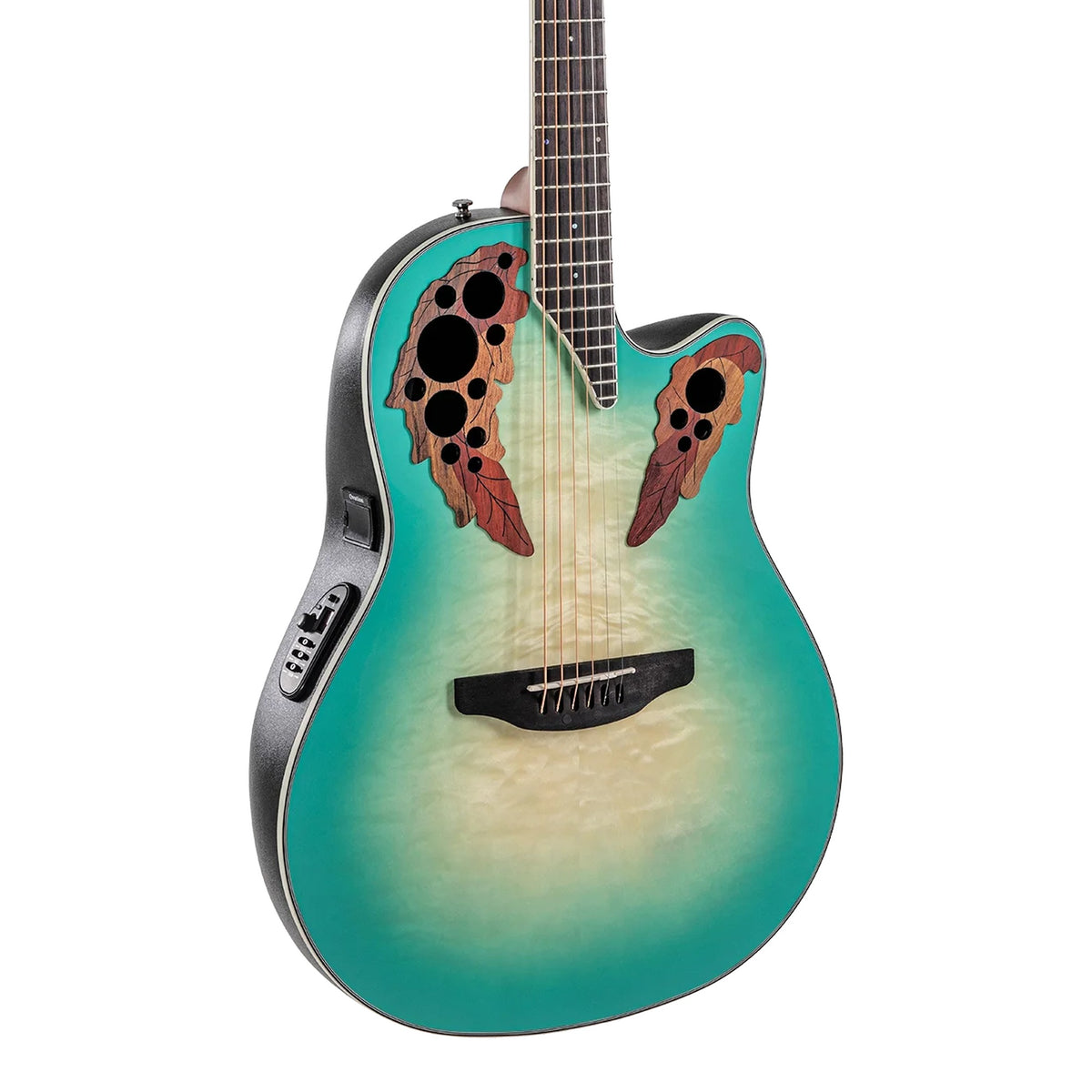 Body front of the Ovation CE44X-9B Mintburst acoustic-electric guitar: quilted maple top, multi-soundhole epaulettes, bridge and some fretboard