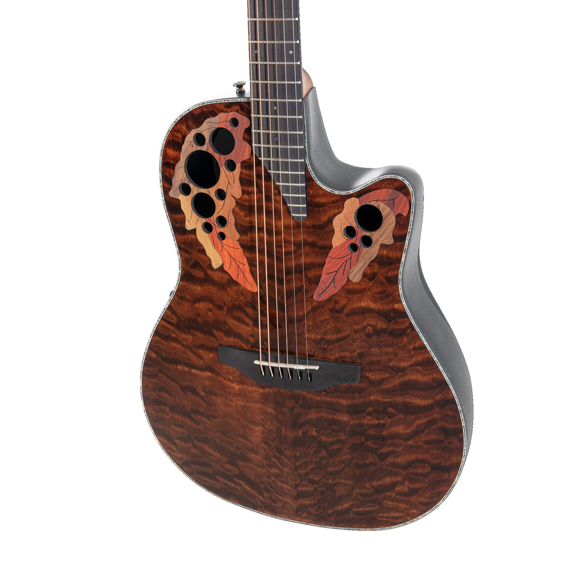 Ovation CE44P-TGE Dark Tiger Eye quilted maple top with multi-soundhole epaulettes and fretboard, front view