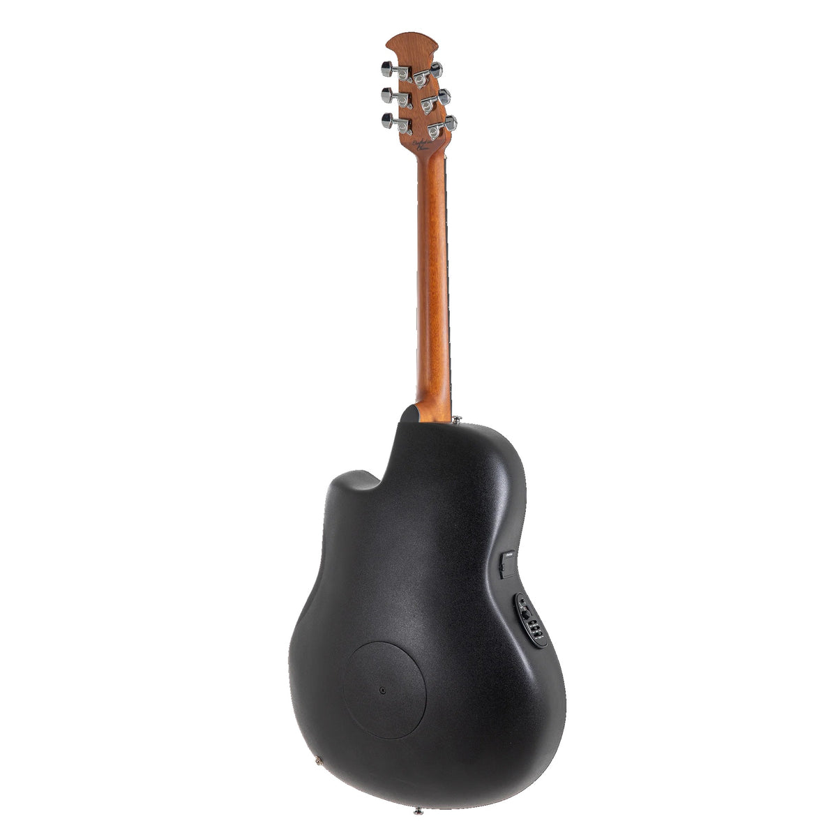 Full back of the Ovation CE44P-TGE with Lyrachord bowl, nato neck and chrome tuners
