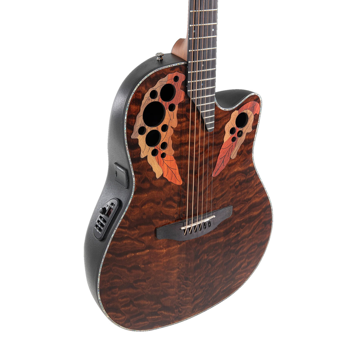 Angled view of the Ovation CE44P-TGE Dark Tiger Eye quilted maple top and abalone binding