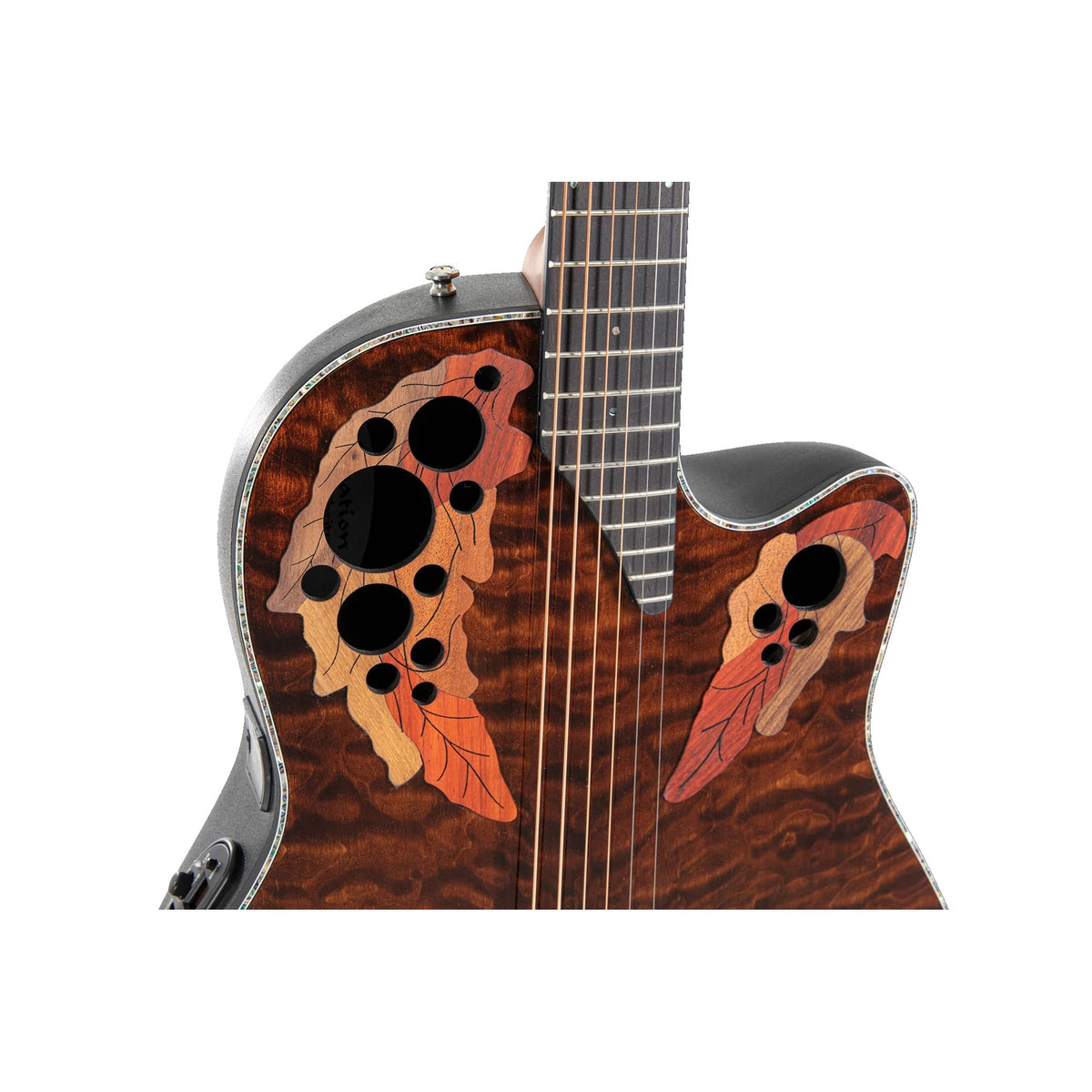 Close-up of the Ovation CE44P-TGE multi-soundhole wood epaulettes on the quilted maple top