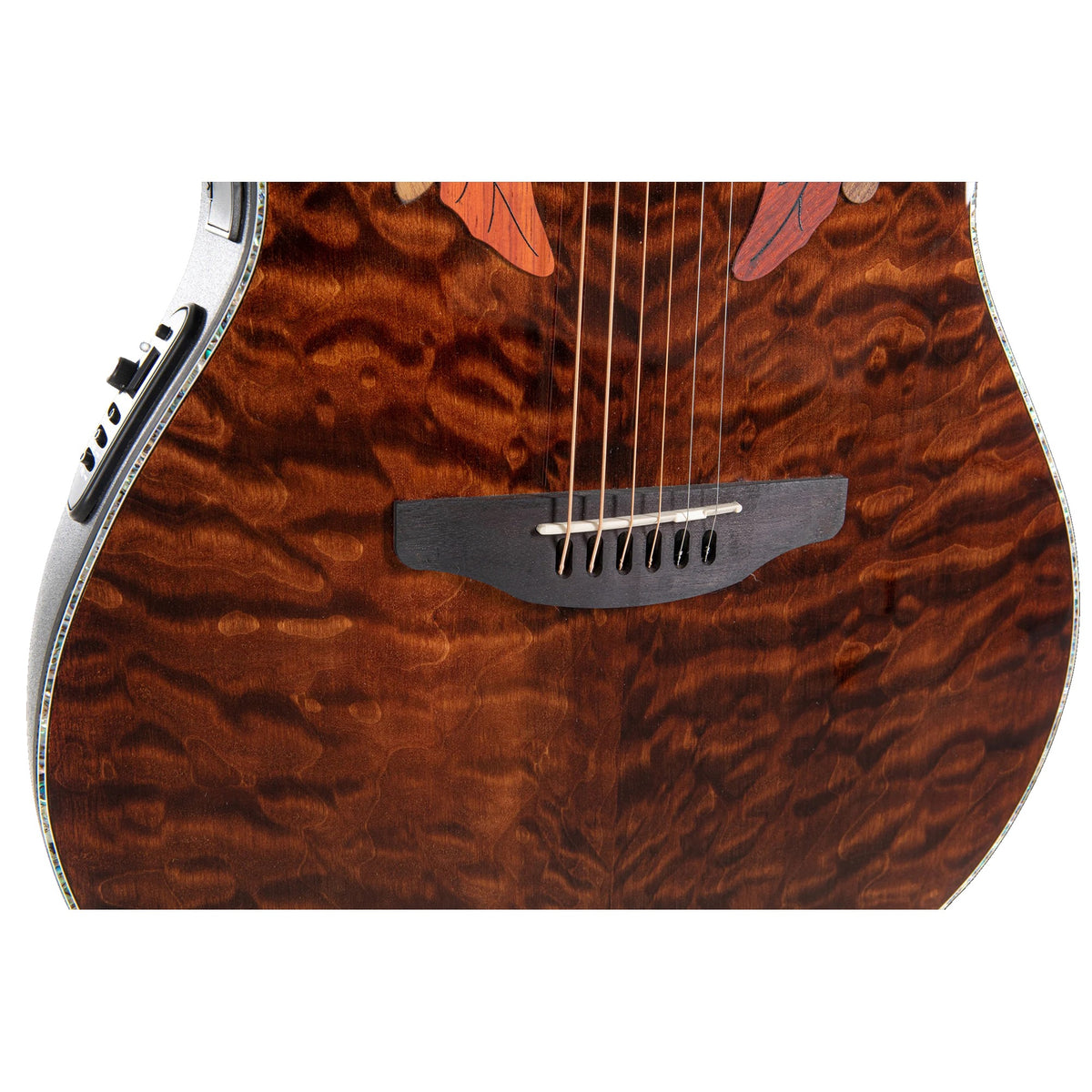 Close-up of the Ovation CE44P-TGE ovangkol bridge on the Dark Tiger Eye quilted maple