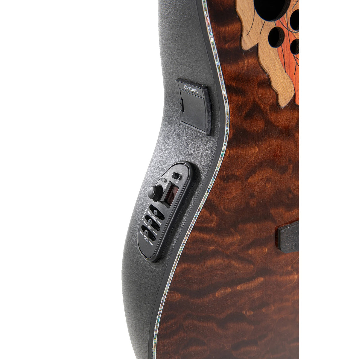 Ovation CE44P-TGE OP-4CT preamp with built-in tuner on the upper bout