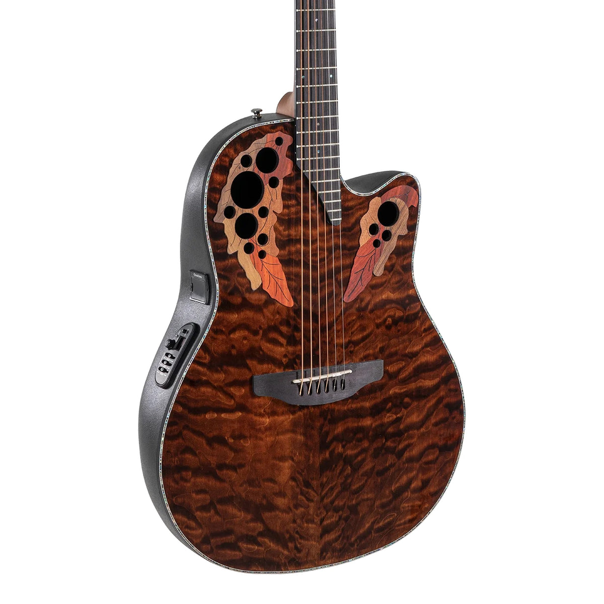 Body front of the Ovation CE44P-TGE Dark Tiger Eye acoustic-electric guitar: quilted maple top, multi-soundhole epaulettes, bridge and some fretboard