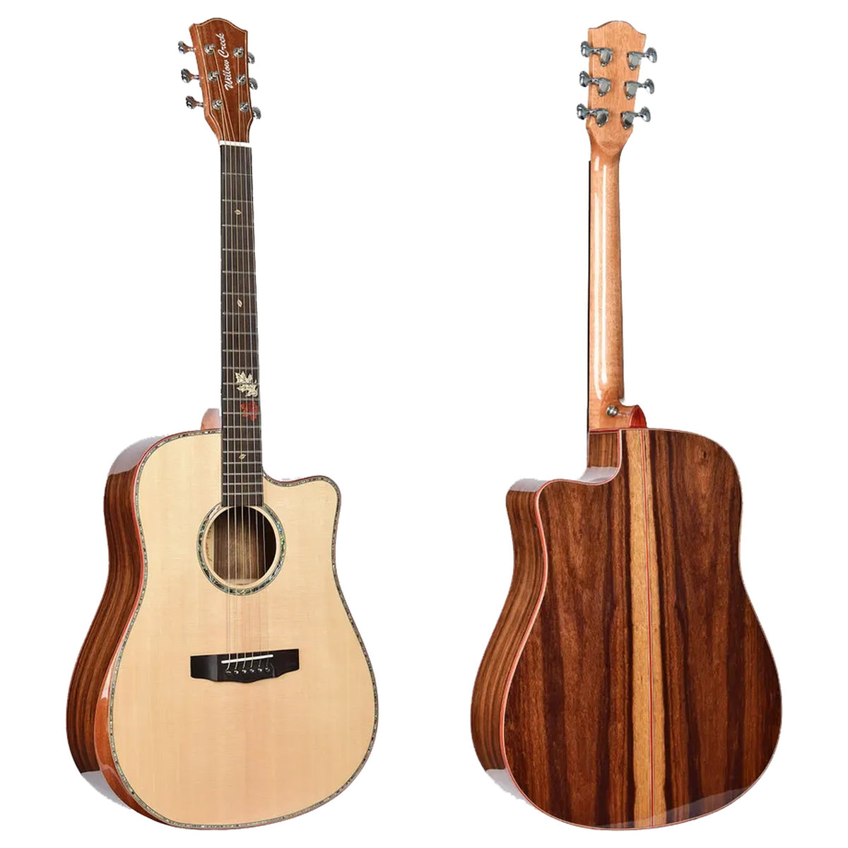Willow Creek FX-PD90Y Bolivian Deluxe dreadnought with spruce top, front beside the Bolivian rosewood back.