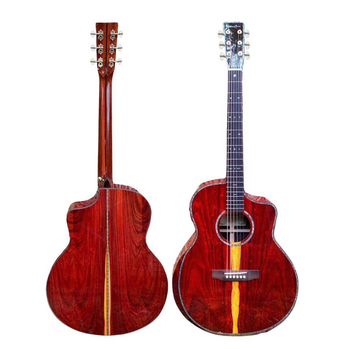 Willow Creek FX-PG00 Bolivian Pro with solid Bolivian rosewood top and back, front and back shown standing upright.