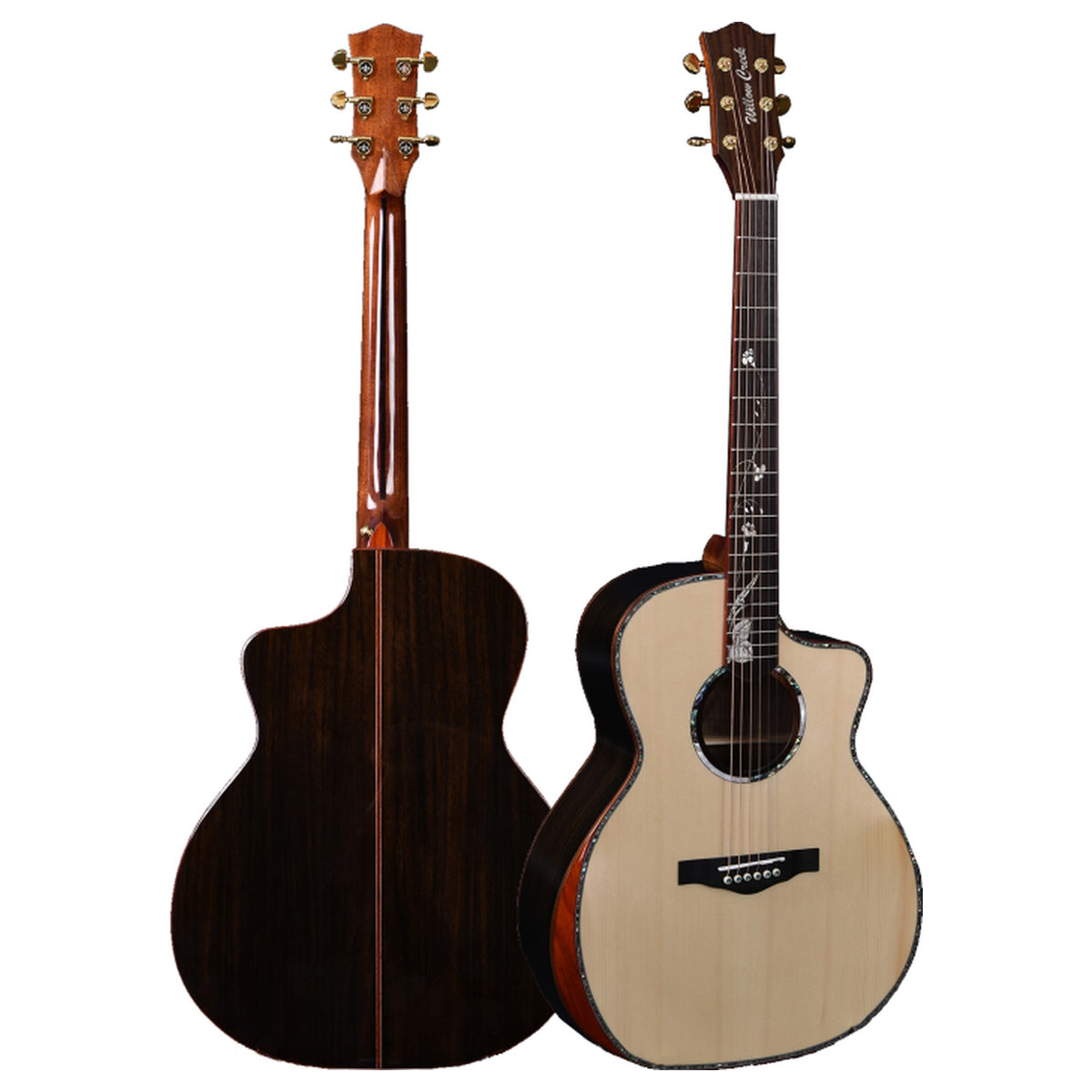 Willow Creek FX-PG91Y Rosewood Pro grand auditorium guitar, Indian rosewood back and sides beside the Sitka spruce front with cutaway.