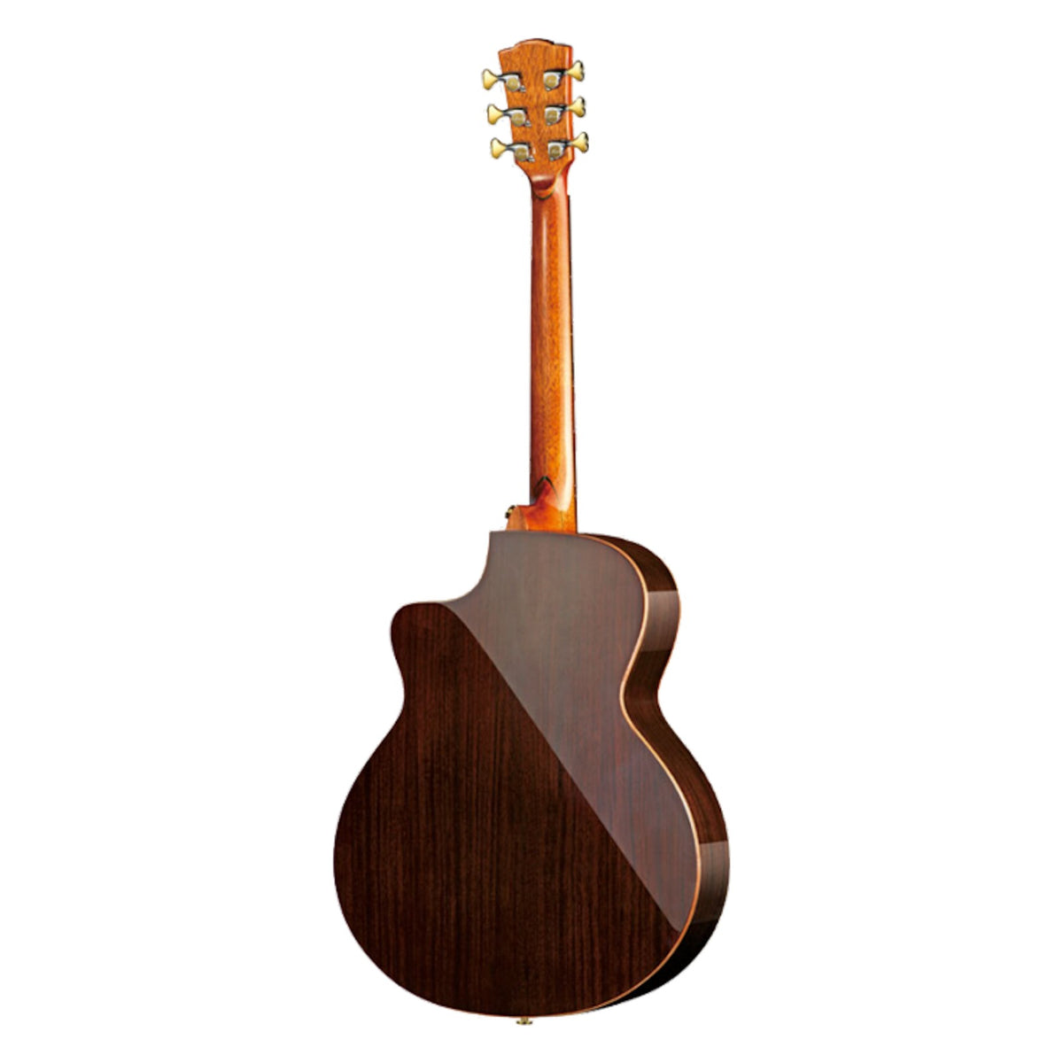 Back of the Willow Creek FX-PG94P Ported Pro, dark Indian rosewood back and sides with gold tuners, full length.