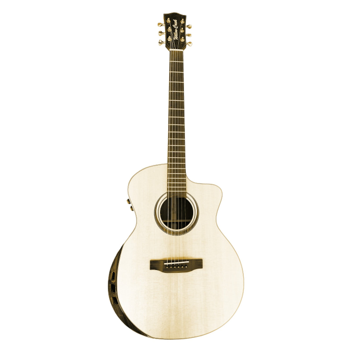 Willow Creek FX-PG94P Ported Pro grand auditorium cutaway guitar standing upright, full front with pale Sitka spruce top and side-mounted preamp.