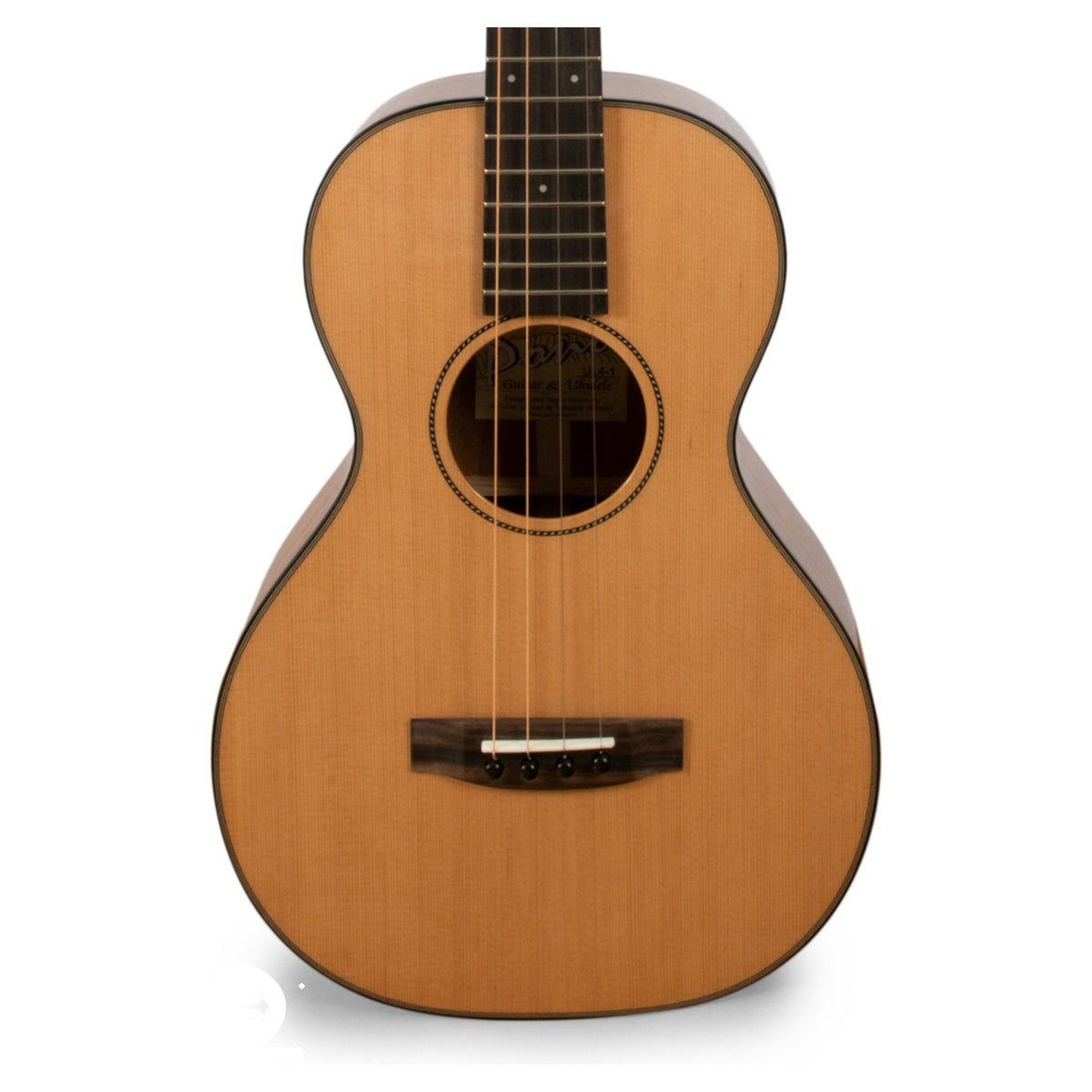 Representative photo of a Pono UL4 big baritone ukulele, close view of the top, rosette and bridge (UL4-1 shown).