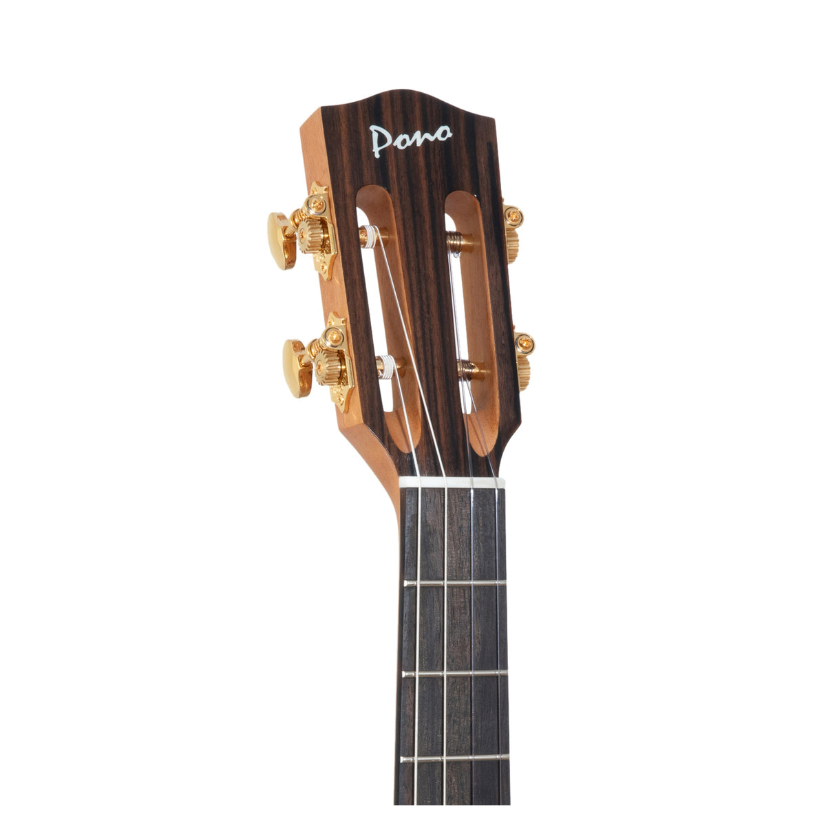 Pono ULN4-1 headstock front with ebony faceplate, Pono logo and gold slotted tuners.