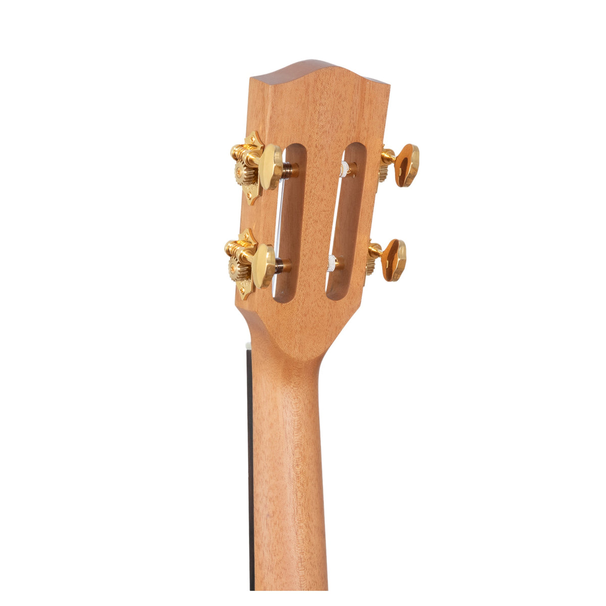 Pono ULN4-1 headstock back showing the mahogany neck and gold tuner gears.