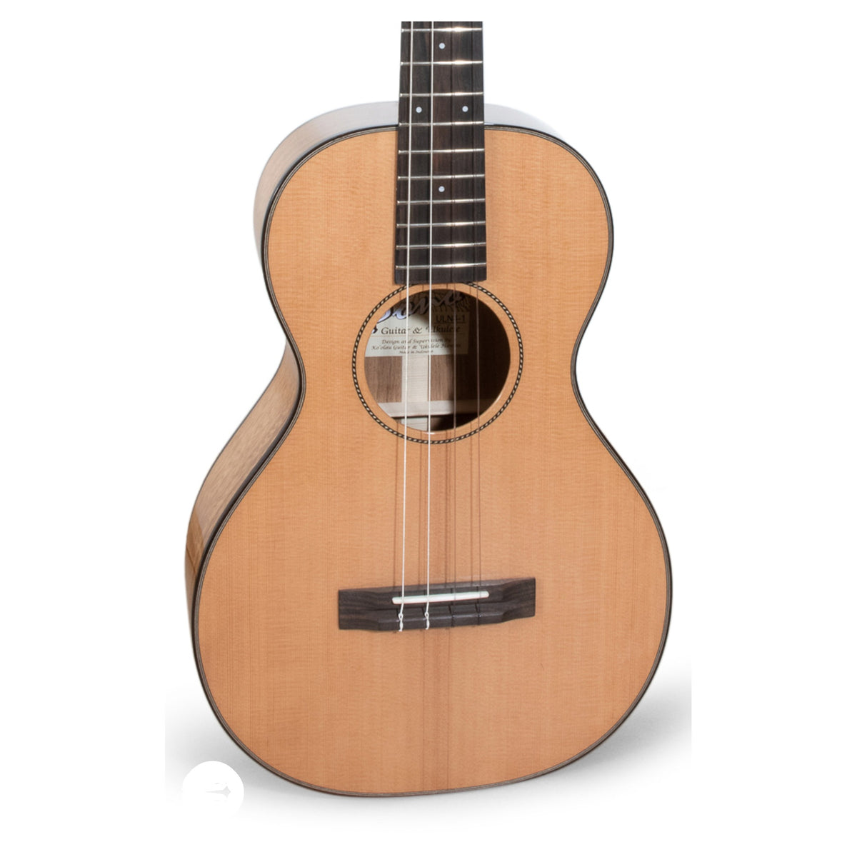 Pono ULN4-1 big baritone ukulele, close view of the cedar top, soundhole rosette and bridge.