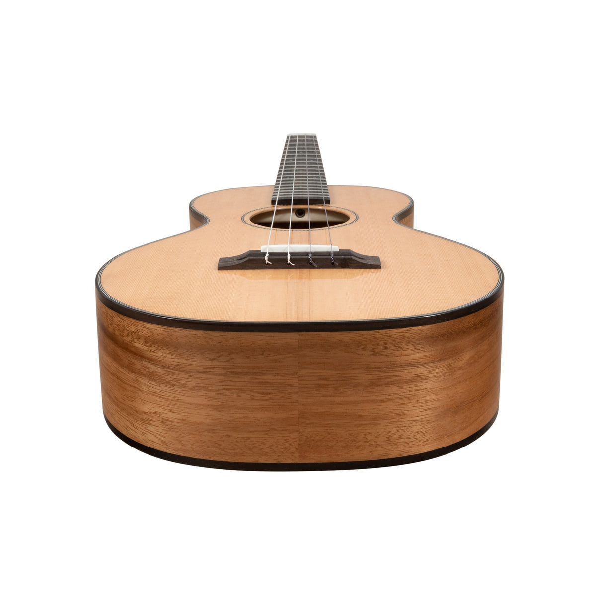 Pono ULN4-1 big baritone ukulele lying flat, side view of the acacia body and cedar top.